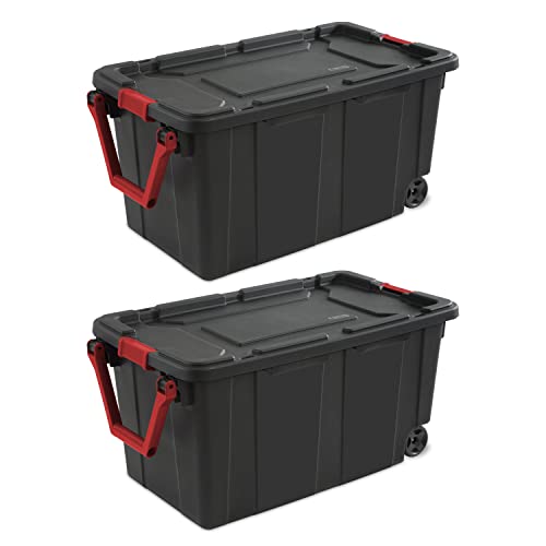 MYVYBE 40 Gallon Wheeled Industrial Tote,Plastic Storage Tote Container Bin With black lid and racer red handle and latches, Set of 2, Black