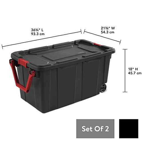 MYVYBE 40 Gallon Wheeled Industrial Tote,Plastic Storage Tote Container Bin With black lid and racer red handle and latches, Set of 2, Black