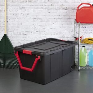 MYVYBE 40 Gallon Wheeled Industrial Tote,Plastic Storage Tote Container Bin With black lid and racer red handle and latches, Set of 2, Black