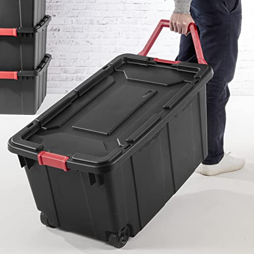 MYVYBE 40 Gallon Wheeled Industrial Tote,Plastic Storage Tote Container Bin With black lid and racer red handle and latches, Set of 2, Black