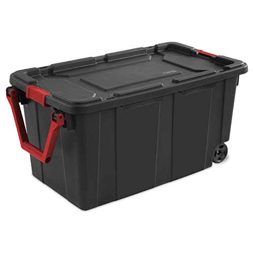 MYVYBE 40 Gallon Wheeled Industrial Tote,Plastic Storage Tote Container Bin With black lid and racer red handle and latches, Set of 2, Black