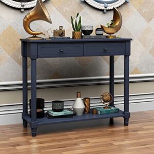 karl home console table with 2 drawers, narrow sofa side table entryway desk with bottom storage shelf, tv stand for living room hallway office, navy blue/black 29.7″ h