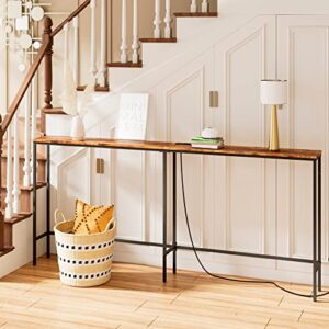 Masupu 70.9 Inch Console Table with Power Outlet,Modern Narrow Long Sofa Table Behind Couch,Skinny Entry Table with Gold Metal Frame for Entryway,Living Room, Hallway,Rustic Brown