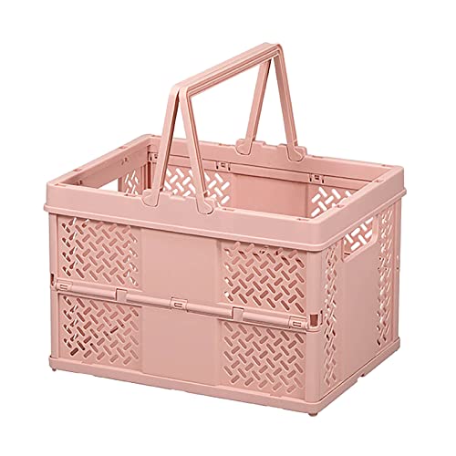 moolBeko Foldable Plastic Storage Basket, Outdoor Picnic Basket Portable Carry Basket Vegetable Fruit Basket Folding with Handles (Pink, One Size)