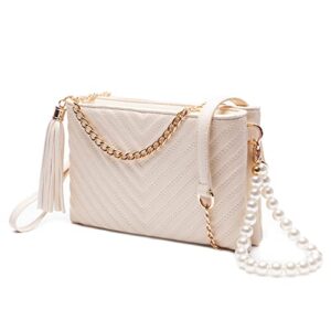 hupifaz quilted crossbody bag – double pouch clutch purses for women, formal evening clutch, large wristlet bag with pearls (beige)