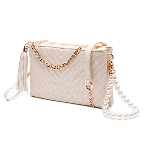 Hupifaz Quilted Crossbody Bag - Double Pouch Clutch Purses for Women, Formal Evening Clutch, Large Wristlet Bag with Pearls (Beige)