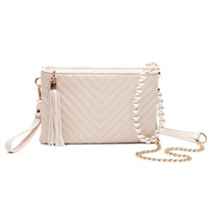 Hupifaz Quilted Crossbody Bag - Double Pouch Clutch Purses for Women, Formal Evening Clutch, Large Wristlet Bag with Pearls (Beige)