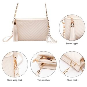 Hupifaz Quilted Crossbody Bag - Double Pouch Clutch Purses for Women, Formal Evening Clutch, Large Wristlet Bag with Pearls (Beige)