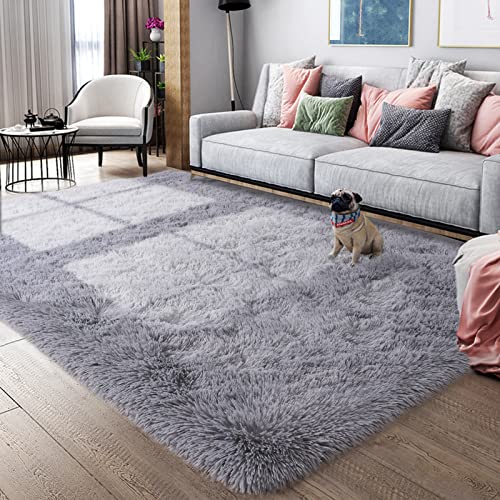 Ompaa Ultra Soft Shaggy Rugs Fluffy Bedroom Carpet, 4x6 Feet Grey Area Rug, Modern Upgrade Anti-Skid Rug for Kids Girls Living Room, Dorm Aesthetics Decor