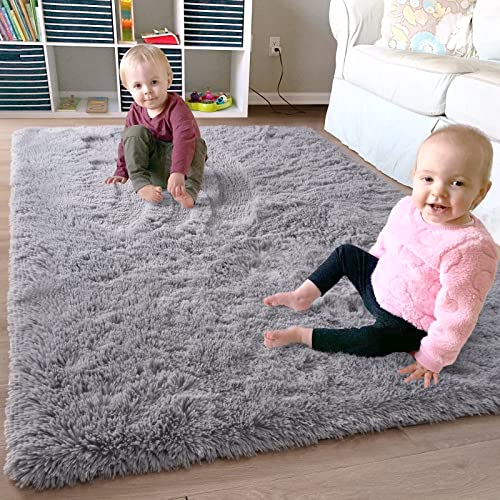 Ompaa Ultra Soft Shaggy Rugs Fluffy Bedroom Carpet, 4x6 Feet Grey Area Rug, Modern Upgrade Anti-Skid Rug for Kids Girls Living Room, Dorm Aesthetics Decor