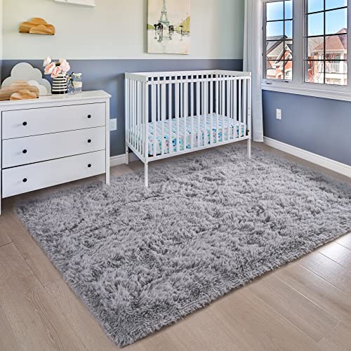 Ompaa Ultra Soft Shaggy Rugs Fluffy Bedroom Carpet, 4x6 Feet Grey Area Rug, Modern Upgrade Anti-Skid Rug for Kids Girls Living Room, Dorm Aesthetics Decor