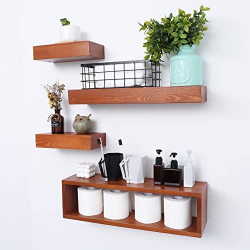 Floating Shelves Set of 4, Solid Wood Wall Mounted Country Rustic Bathroom Shelves Over Toilet with Paper Storage Rack, Hanging Wall Shelves for Living Room, Kitchen, Bedroom