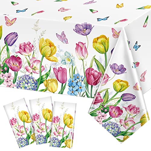 3 Pieces Spring Summer Floral Table Cover Watercolor Tulip Tablecloth Plastic Floral Tablecloth for Easter, Dining Kitchen Room Picnic Camping Party Holiday Decor, 54 x 108 Inch (Fresh Style)