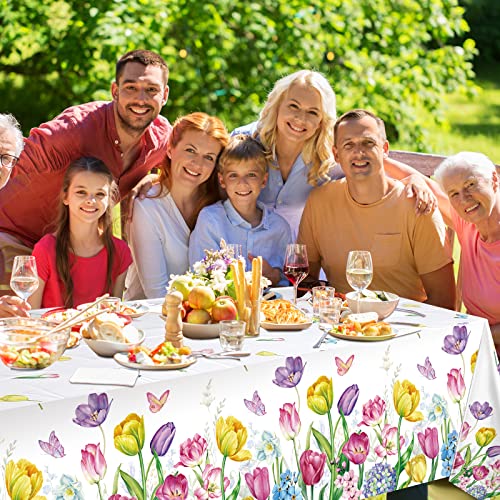 3 Pieces Spring Summer Floral Table Cover Watercolor Tulip Tablecloth Plastic Floral Tablecloth for Easter, Dining Kitchen Room Picnic Camping Party Holiday Decor, 54 x 108 Inch (Fresh Style)