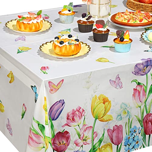 3 Pieces Spring Summer Floral Table Cover Watercolor Tulip Tablecloth Plastic Floral Tablecloth for Easter, Dining Kitchen Room Picnic Camping Party Holiday Decor, 54 x 108 Inch (Fresh Style)