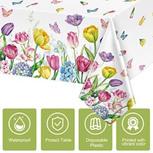 3 Pieces Spring Summer Floral Table Cover Watercolor Tulip Tablecloth Plastic Floral Tablecloth for Easter, Dining Kitchen Room Picnic Camping Party Holiday Decor, 54 x 108 Inch (Fresh Style)