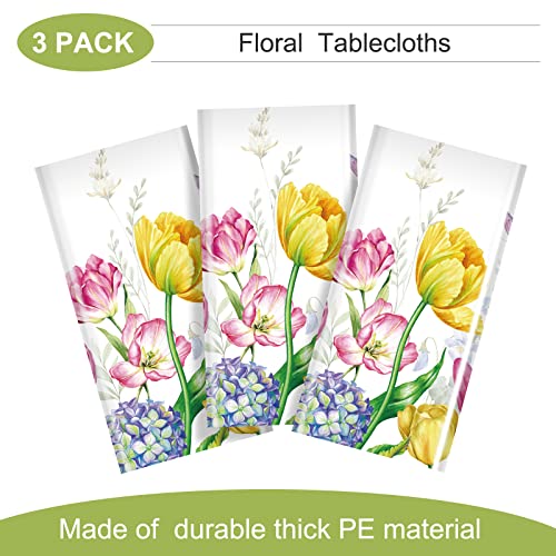 3 Pieces Spring Summer Floral Table Cover Watercolor Tulip Tablecloth Plastic Floral Tablecloth for Easter, Dining Kitchen Room Picnic Camping Party Holiday Decor, 54 x 108 Inch (Fresh Style)