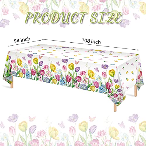 3 Pieces Spring Summer Floral Table Cover Watercolor Tulip Tablecloth Plastic Floral Tablecloth for Easter, Dining Kitchen Room Picnic Camping Party Holiday Decor, 54 x 108 Inch (Fresh Style)