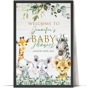 personalized safari baby shower welcome sign poster, jungle animals print art, cute watercolor jungle baby shower welcome decoration, custom baby shower wall art poster canvas, home decor