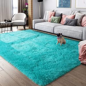 ompaa ultra soft shaggy rugs fluffy bedroom carpet, 4×6 feet teal blue area rug, modern upgrade anti-skid rug for kids girls living room, dorm aesthetics decor