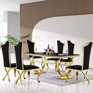 acedÉcor 7 piece dining table set, modern dining room table with gold stainless steel metal u-base, 6 black velvet dining chairs with gold legs(1 table + 6 black velvet dining chairs)