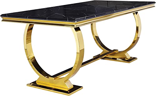 ACEDÉCOR 7 Piece Dining Table Set, Modern Dining Room Table with Gold Stainless Steel Metal U-Base, 6 Black Velvet Dining Chairs with Gold Legs(1 Table + 6 Black Velvet Dining Chairs)