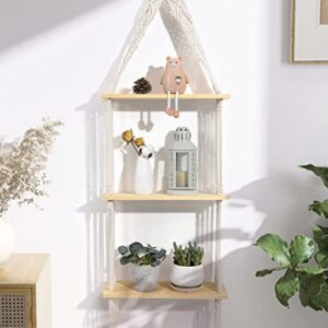 Afuly Hanging Shelf 3 Tier Wall Macrame Boho Shelves for Bathroom Living Room Wall Decor, Plant Book Storage Organizer Shelving Toilet Corner Organization Holder Solid Pine Wood Display