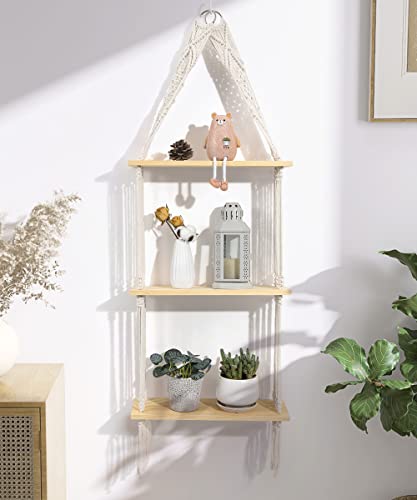 Afuly Hanging Shelf 3 Tier Wall Macrame Boho Shelves for Bathroom Living Room Wall Decor, Plant Book Storage Organizer Shelving Toilet Corner Organization Holder Solid Pine Wood Display