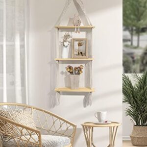 Afuly Hanging Shelf 3 Tier Wall Macrame Boho Shelves for Bathroom Living Room Wall Decor, Plant Book Storage Organizer Shelving Toilet Corner Organization Holder Solid Pine Wood Display