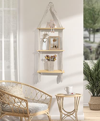 Afuly Hanging Shelf 3 Tier Wall Macrame Boho Shelves for Bathroom Living Room Wall Decor, Plant Book Storage Organizer Shelving Toilet Corner Organization Holder Solid Pine Wood Display