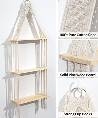 Afuly Hanging Shelf 3 Tier Wall Macrame Boho Shelves for Bathroom Living Room Wall Decor, Plant Book Storage Organizer Shelving Toilet Corner Organization Holder Solid Pine Wood Display