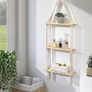 Afuly Hanging Shelf 3 Tier Wall Macrame Boho Shelves for Bathroom Living Room Wall Decor, Plant Book Storage Organizer Shelving Toilet Corner Organization Holder Solid Pine Wood Display