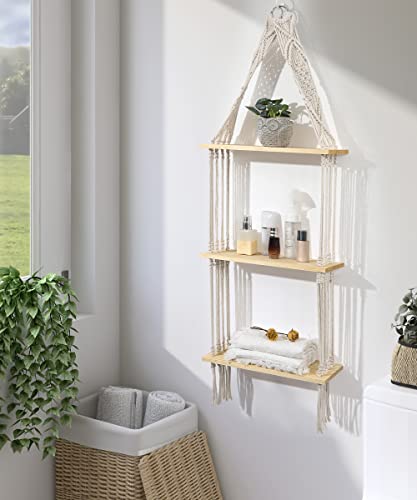 Afuly Hanging Shelf 3 Tier Wall Macrame Boho Shelves for Bathroom Living Room Wall Decor, Plant Book Storage Organizer Shelving Toilet Corner Organization Holder Solid Pine Wood Display