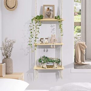 Afuly Hanging Shelf 3 Tier Wall Macrame Boho Shelves for Bathroom Living Room Wall Decor, Plant Book Storage Organizer Shelving Toilet Corner Organization Holder Solid Pine Wood Display