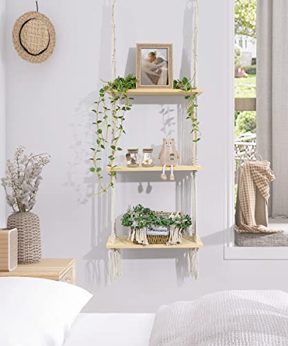 Afuly Hanging Shelf 3 Tier Wall Macrame Boho Shelves for Bathroom Living Room Wall Decor, Plant Book Storage Organizer Shelving Toilet Corner Organization Holder Solid Pine Wood Display