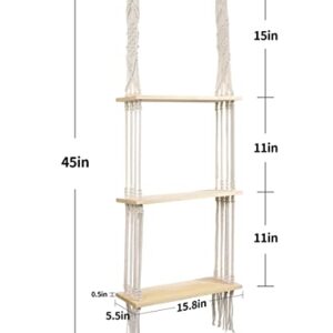 Afuly Hanging Shelf 3 Tier Wall Macrame Boho Shelves for Bathroom Living Room Wall Decor, Plant Book Storage Organizer Shelving Toilet Corner Organization Holder Solid Pine Wood Display