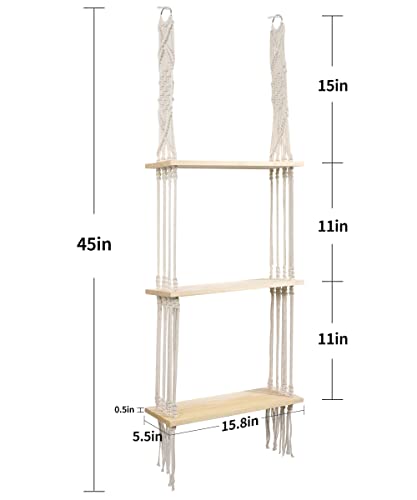 Afuly Hanging Shelf 3 Tier Wall Macrame Boho Shelves for Bathroom Living Room Wall Decor, Plant Book Storage Organizer Shelving Toilet Corner Organization Holder Solid Pine Wood Display