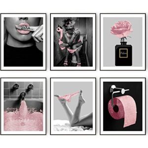 hoozgee fashion bathroom wall art prints decor set of 6 pink glam glitter tissue canvas posters pictures photos bathroom artwork wall black and white modern women funny bathroom (8″x10″ unframed)