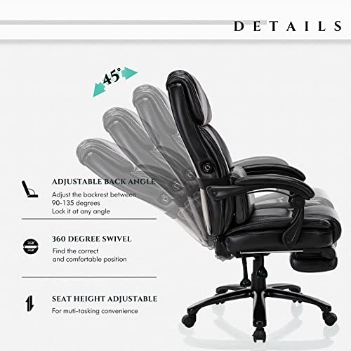 COLAMY Big and Tall Office Chair with Footrest-Ergonomic Design with Adjustable Backrest, Removable Lumbar Support Pillow, Thick Bonded Leather for Comfort, 350LBS, Black