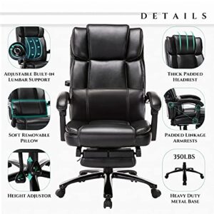 COLAMY Big and Tall Office Chair with Footrest-Ergonomic Design with Adjustable Backrest, Removable Lumbar Support Pillow, Thick Bonded Leather for Comfort, 350LBS, Black