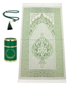 prien muslim prayer rug, prayer beads, figured cylinder gift box, muslim set pearl tasbih, sajadah, elegant islamic gifts, soft praying mats, light prayer carpet mat, taffeta fabric (green)