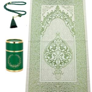 Prien Muslim Prayer Rug, Prayer Beads, Figured Cylinder Gift Box, Muslim Set Pearl Tasbih, Sajadah, Elegant Islamic Gifts, Soft Praying Mats, Light Prayer Carpet Mat, Taffeta Fabric (Green)