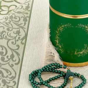 Prien Muslim Prayer Rug, Prayer Beads, Figured Cylinder Gift Box, Muslim Set Pearl Tasbih, Sajadah, Elegant Islamic Gifts, Soft Praying Mats, Light Prayer Carpet Mat, Taffeta Fabric (Green)