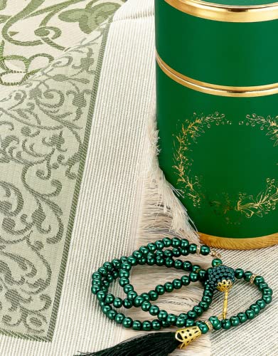 Prien Muslim Prayer Rug, Prayer Beads, Figured Cylinder Gift Box, Muslim Set Pearl Tasbih, Sajadah, Elegant Islamic Gifts, Soft Praying Mats, Light Prayer Carpet Mat, Taffeta Fabric (Green)