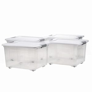 35l pp plastic storage bin tote organizing container with wheels and lid, stackable and nestable snap lid plastic storage bin, set of 4.