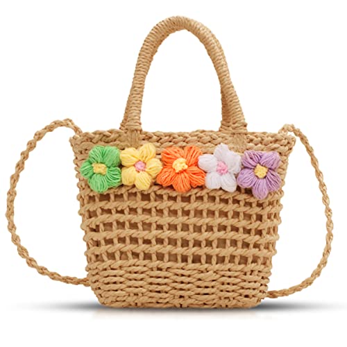 QTKJ Straw Bag Beach Bag small crossbody bags for women Bohemian Handmade Flowers Woven Bag(Khaki)