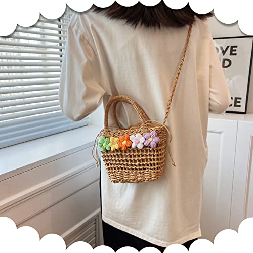 QTKJ Straw Bag Beach Bag small crossbody bags for women Bohemian Handmade Flowers Woven Bag(Khaki)