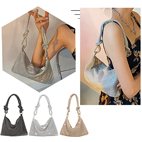 Rhinestone Clutch Bag Hobo Bag, Women Shiny Purse Evening Handbag Underarm Shoulder Bags for Dinner