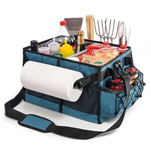 Lorbro Large Grill and Picnic Caddy with Condiment Pocket, BBQ Organizer with Paper Towel Holder for Utensil, Grilling Tool, Collapsible Picnic Basket for Camping, Barbecue, Outdoor Parties, RV