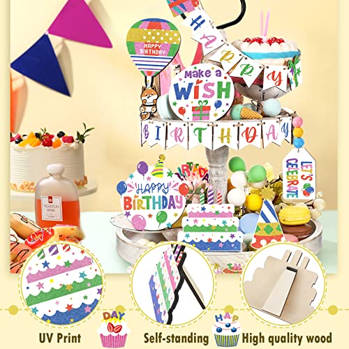 11 Pcs Birthday Tiered Tray Decor Farmhouse Tiered Tray Decor for Birthday Decor Colorful Birthday Party Supplies Wooden Happy Bday Table Decorations (Cake Style)
